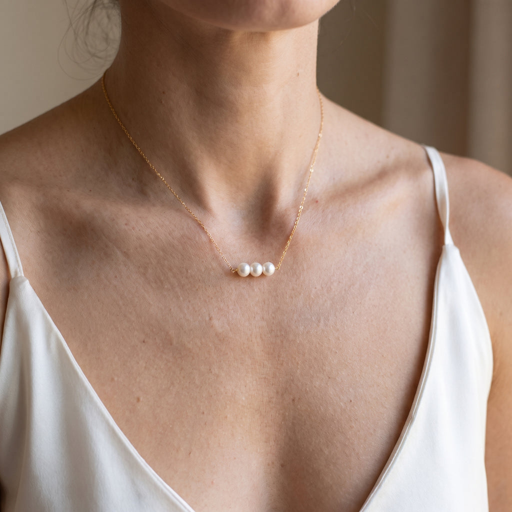 Three Pearl Cluster Necklace for Women | Gold Plated Minimalist Pearl Necklace