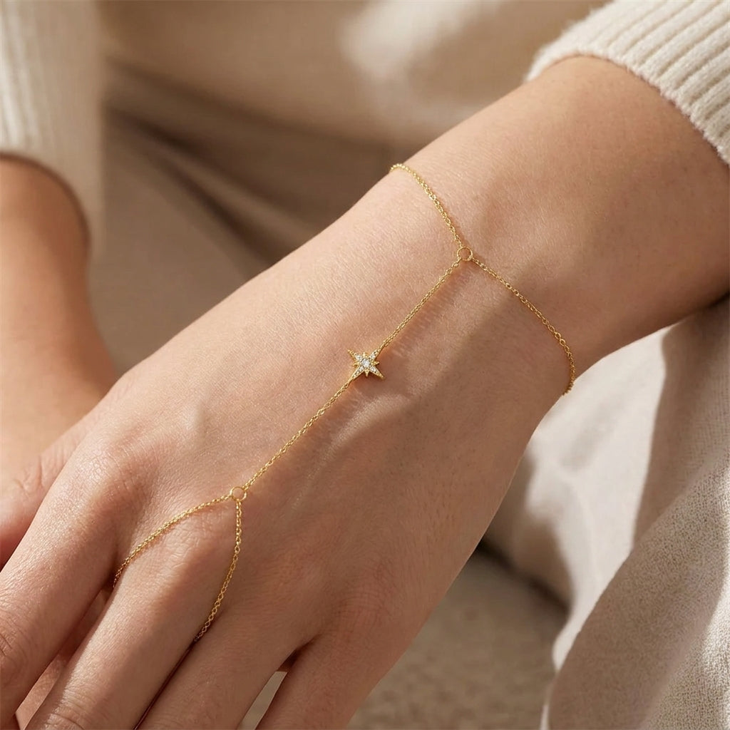 Gold tone star zircon hand chain bracelet