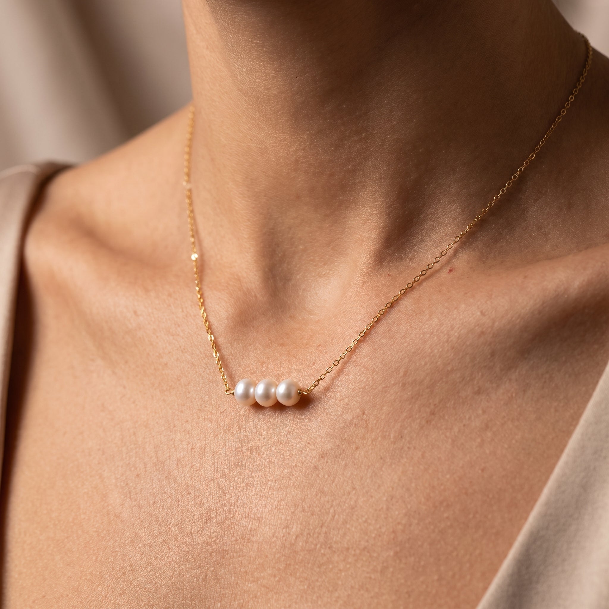 Three Pearl Cluster Necklace for Women | Gold Plated Minimalist Pearl Necklace