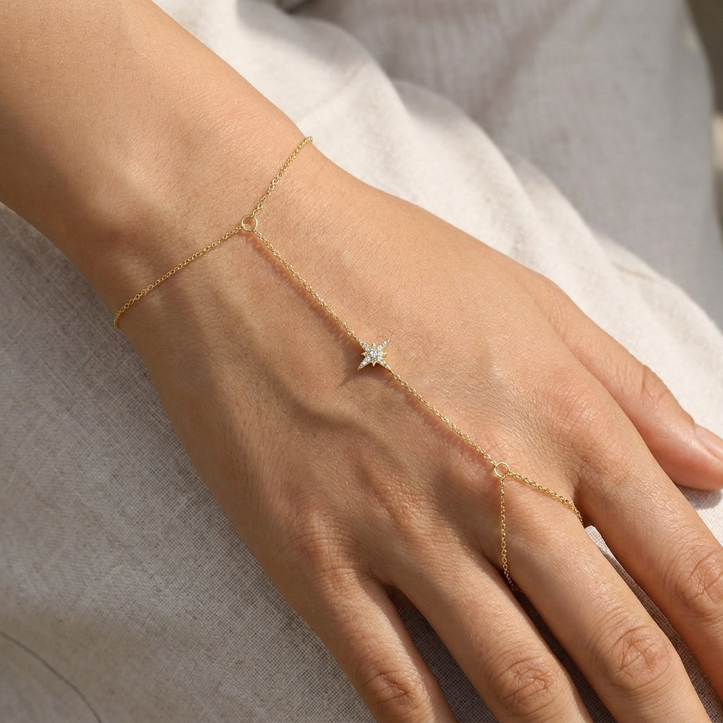 Gold tone star zircon hand chain bracelet