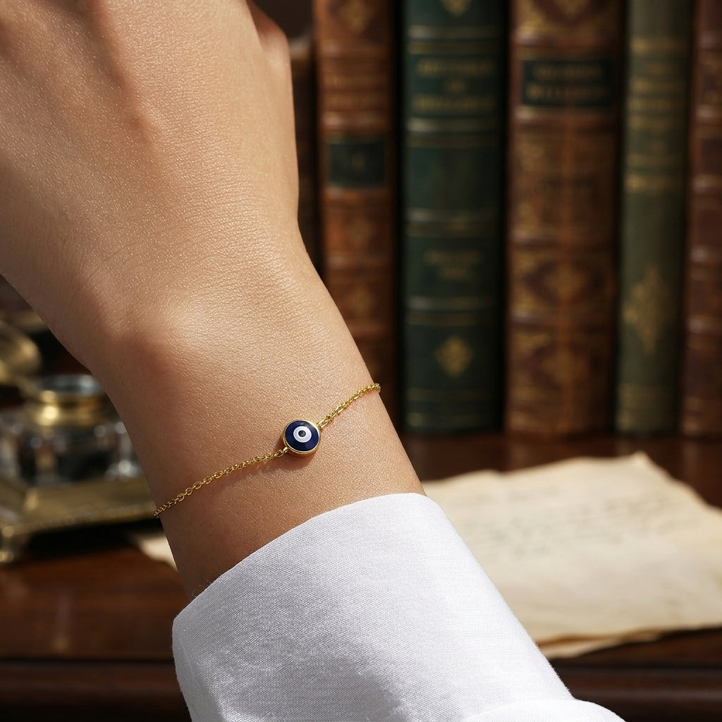 Blue evil eye bracelet with sterling silver chain