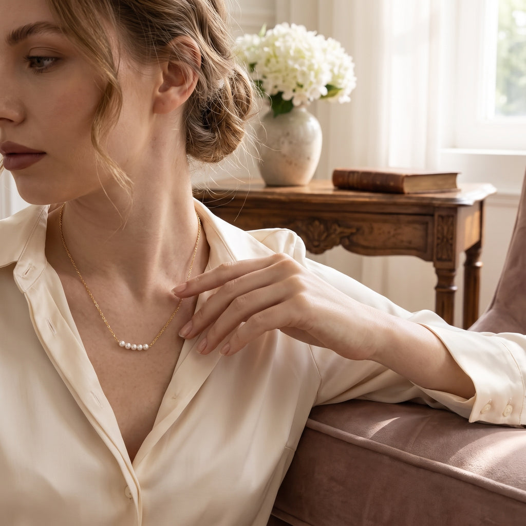 Five Pearl Bar Necklace for Women | Gold Plated Minimalist Pearl Necklace