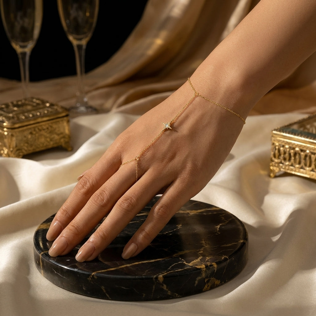 Gold tone hand chain bracelet with star centerpiece