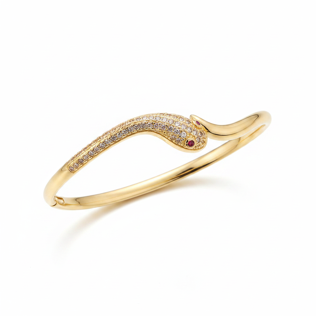 Gold Snake Wrap Bracelet with Cubic Zirconia crystals on white background