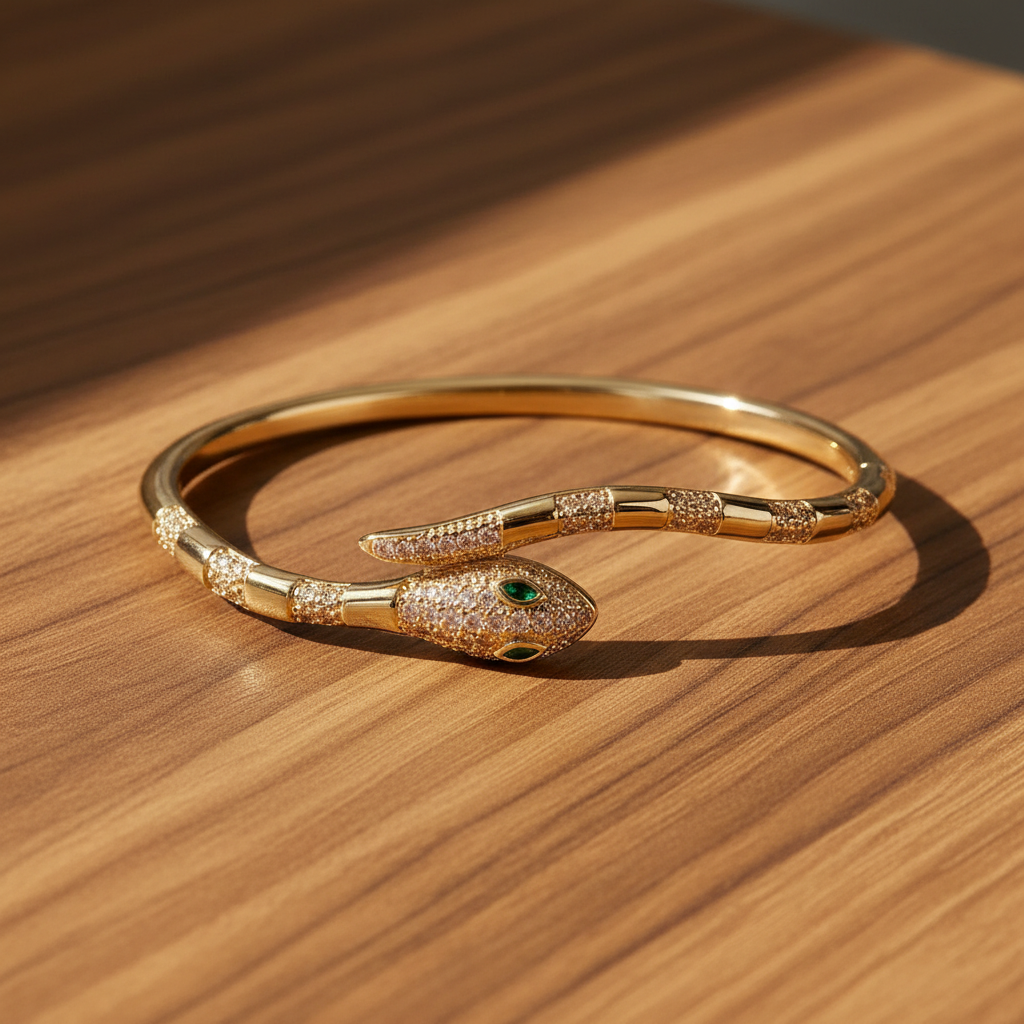 Close-up of the serpent head detail on a wrap-around gold bangle